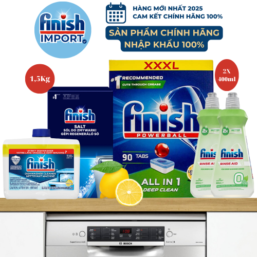 Combo 5 món: 90 viên Finish All in 1, 2 chai Finish 400ml (Ecolabel EU), 1,5kg muối làm mềm nước, 250ml vệ sinh máy Finish